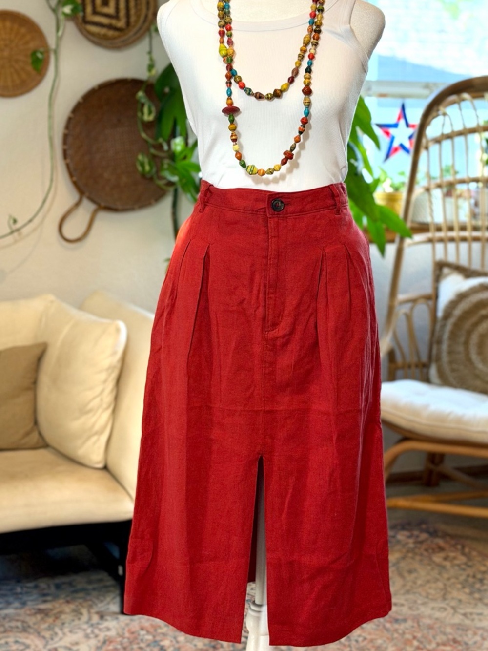 Banana Republic NWT Linen Blend Red Midi A-Line Skirt High Rise 8P Spring Summer